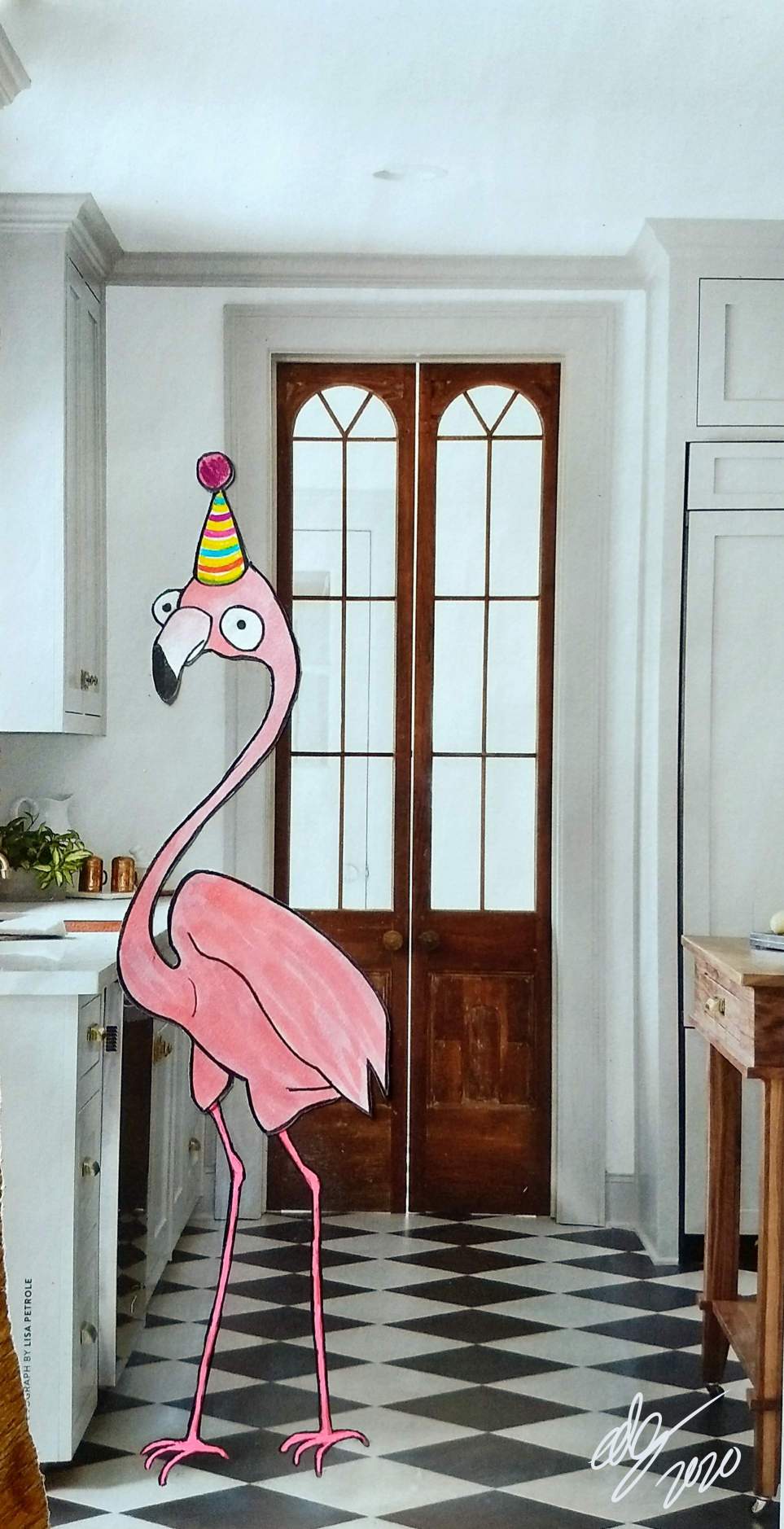 A collage of a flamingo standing in a kitchen, wearing a party hat.